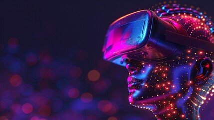 A virtual reality headgear with blinking neon color dots features a headshot of a cyborg character in a fantasy picture set against a dark background.
