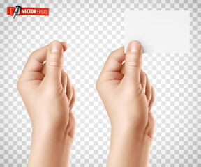 Vector realistic illustration of a hand holding a blank business card on a transparent background.