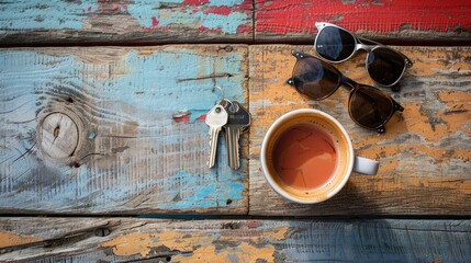 Casual Elegance: Stylish Everyday Flatlay Featuring Keys, Sunglasses, and a Cup of Coffee on Rustic Wood.