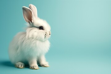 A fluffy white bunny sitting upright, its ears perked, on a soft sky blue background.