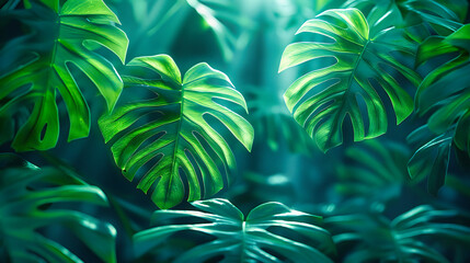Dark green jungle foliage, illustrating the dense and exotic beauty of tropical plants, perfect for creating a mysterious and immersive natural atmosphere