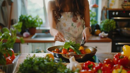 Fresh veggies with a woman cooking at home on the kitchen countertop