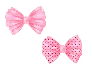 Watercolor pink bow. Hand painted gift bow isolated on white background. Party or greeting object, bow for your creativity