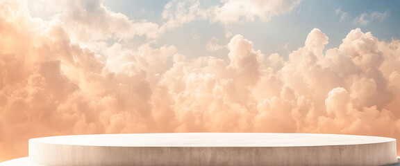a round podium against a background of clouds for product. Peach fuzz color, Generative AI