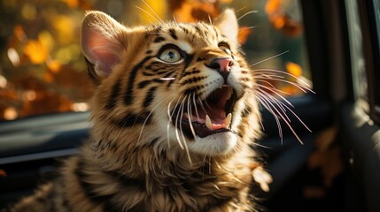 Close-up portrait of a tiger cub in the car with autumn leaves
