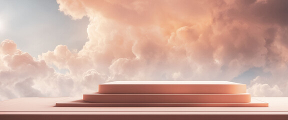 a podium against a background of clouds for product. Peach fuzz color, Generative AI