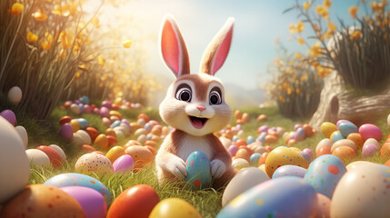 Crazy Easter bunnies, funny and cute. Colorful easter eggs. AI Generative.