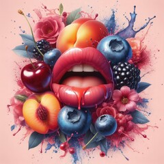 Fototapeta na wymiar Vivid Lip Splash: Wild Cherry Temptation meets Bluesy Blueberry