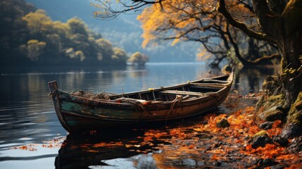 Old wooden boat on the lake at autumn time. Beautiful autumn landscape.