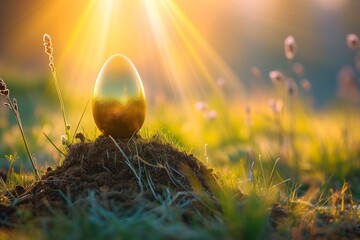A golden Easter egg sitting atop a small mound of earth, with rays of sunrise creating a halo effect around it.