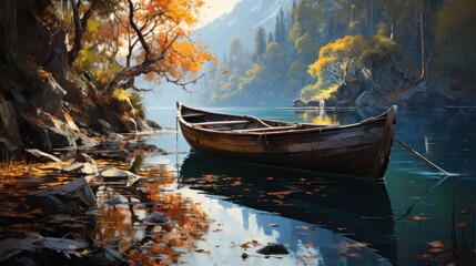Wooden boat on a lake in the autumn forest, digital painting