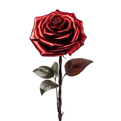  Red rose with leaves isolated on transparent background. Generative ai. 
