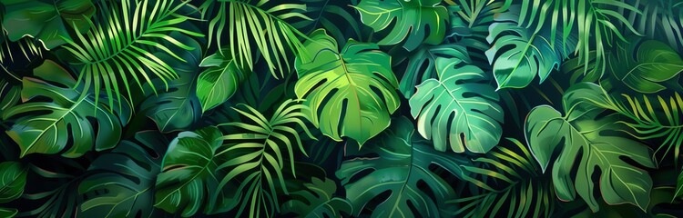Banner green background, exotic tropical leaf green  and atmospheric sunlight rays. - obrazy, fototapety, plakaty