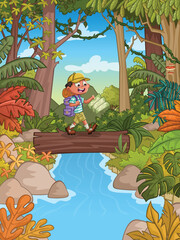 Wild forest with cartoon boy crossing a river over a log bridge. Adventure in the  jungle.

