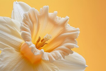 A macro shot of a daffodil's trumpet, showcasing its intricate details and textures against a...