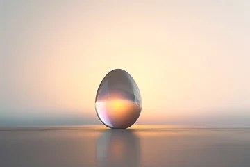 Fotobehang A minimalist Easter card design with a single, amazing, crystal-clear Easter egg against a plain, brightly blurred backdrop. © SardarMuhammad
