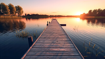 A serene lakeside scene at dusk as smoke drifts over the calm waters - obrazy, fototapety, plakaty