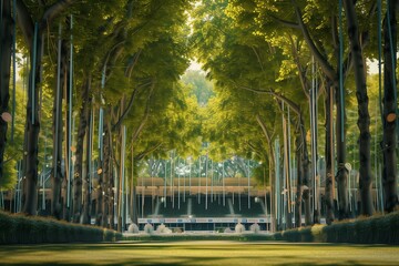 A cricket stadium surrounded by tall, elegant trees, the leaves creating a natural canopy. hints at...