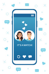 Dating service app concept on phone screen. Two young people liked each other. Their interest coincided. Virtual relationship, acquaintance in social network. Vector illustration in flat style