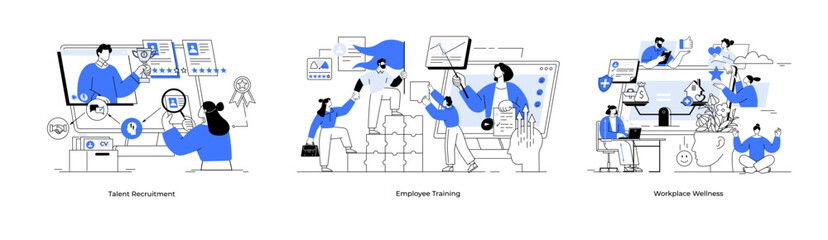 Workplace wellness Talent recruitment employee training. Business metaphor set. Recreation in smart office. Employee care, well being working conditions and protection at workplace. Help achieve goal