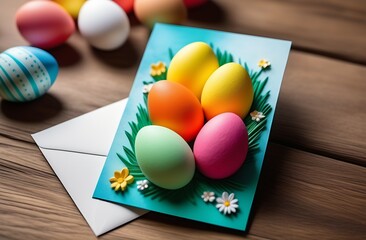 Easter card, applique. On a blue card there are voluminous multi-colored eggs. the card lies on a wooden table, under it there is a white envelope. colorful eggs in the background