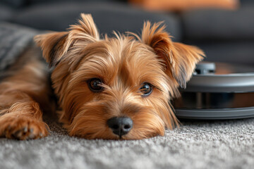 Close-up of Yorkshire terrier on robotic vacuum