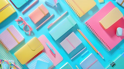 Dynamic Stationery Delight: Chaotic Everyday Flatlay Featuring Notebooks, Pens, and Paper Clips on Colorful Background.