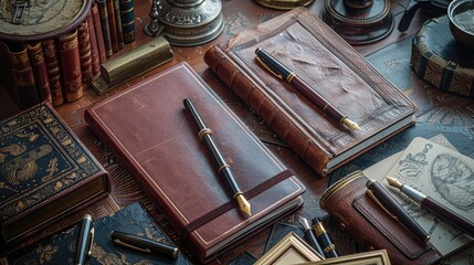 Timeless Stationery Treasures: Vintage-Inspired Flatlay of Fountain Pens, Leather Journals, and Antique Inkwells on Polished Mahogany Desk.