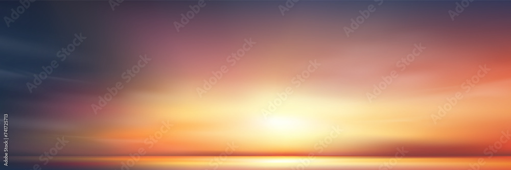 Wall mural Sunset Sky Blue,Cloud Background,Horizon Evening Summer Sun dawn,Twilight sky in the Evening by the beach,Vector beautiful landscape nature sunrise in Spring,Backdrop panoramic Dusk sky over blue - Wall murals