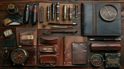 Vintage Stationery Flatlay Featuring Fountain Pens, Leather-Bound Journals, and Antique Inkwells...
