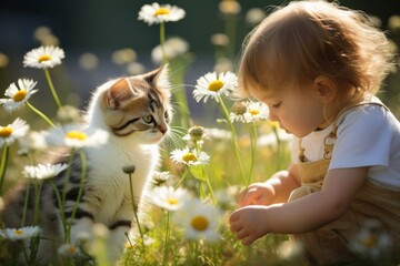 Friendship of a little girl and kitten on a sunlit daisy meadow