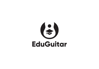 guitar and graduation cap logo. educational music, music school symbol icon design