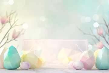A modern Easter card with a digital rendering of pastel-colored geometric shapes and a clear message area, set against a softly blurred light background.