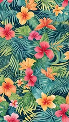 Abstract background with vines and tropical flowers, Spring Summer texture