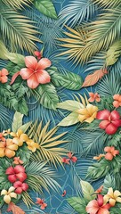 Abstract background with vines and tropical flowers, Spring Summer texture