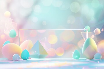 A modern Easter card with a digital rendering of pastel-colored geometric shapes and a clear message area, set against a softly blurred light background. - obrazy, fototapety, plakaty