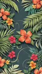 Fototapeten Abstract background with vines and tropical flowers, Spring Summer texture © Natthariya