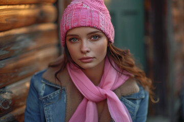Close-up. Portrait of a beautiful young woman in an autumn casual outfit.