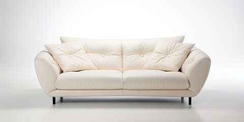 Studio shot of a white background with a modern cream leather sofa in the front view.