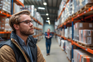 Businessman looking at colleagues standing in warehouse