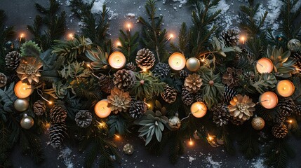 Obraz na płótnie Canvas Enchanting Christmas Flatlay Featuring Twinkling Lights, Evergreen Wreaths, and Festive Ornaments.