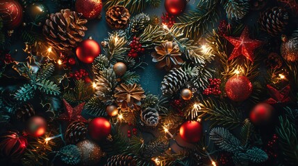 Obraz na płótnie Canvas Magical Holiday Splendor: Enchanting Christmas Flatlay Featuring Twinkling Lights, Evergreen Wreaths, and Festive Ornaments.