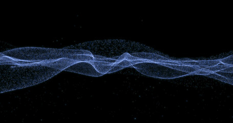Agitated ocean of particles on black background. Cross-sectional surface of the sea. 3D render.