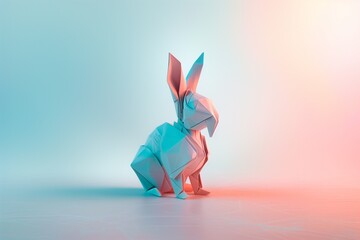 A photorealistic digital painting of a delicate origami rabbit, in shades of pink and blue, positioned centrally on a plain, bright background with a gentle blur.