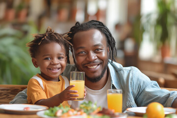 Cheerful father holding glass of juice with son eating at table - obrazy, fototapety, plakaty