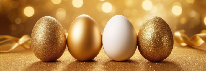 Gold ang white Easter eggs with gold glitter on festive background. Bokeh Light. Bright easter, holiday marketing, banner, postcard - obrazy, fototapety, plakaty