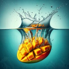 Mango drops in water. Generative Ai.