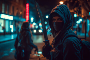 A robber with a sharp knife stands in front of a woman on the street at night. - obrazy, fototapety, plakaty