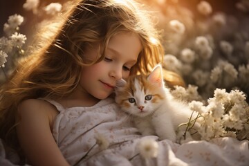 Teenage girl cuddling with kitten among on flower meadow in the rays of sunshine
