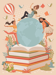 Cartoon woman around books and Earth globe. Big books with woman flying.- 741728920